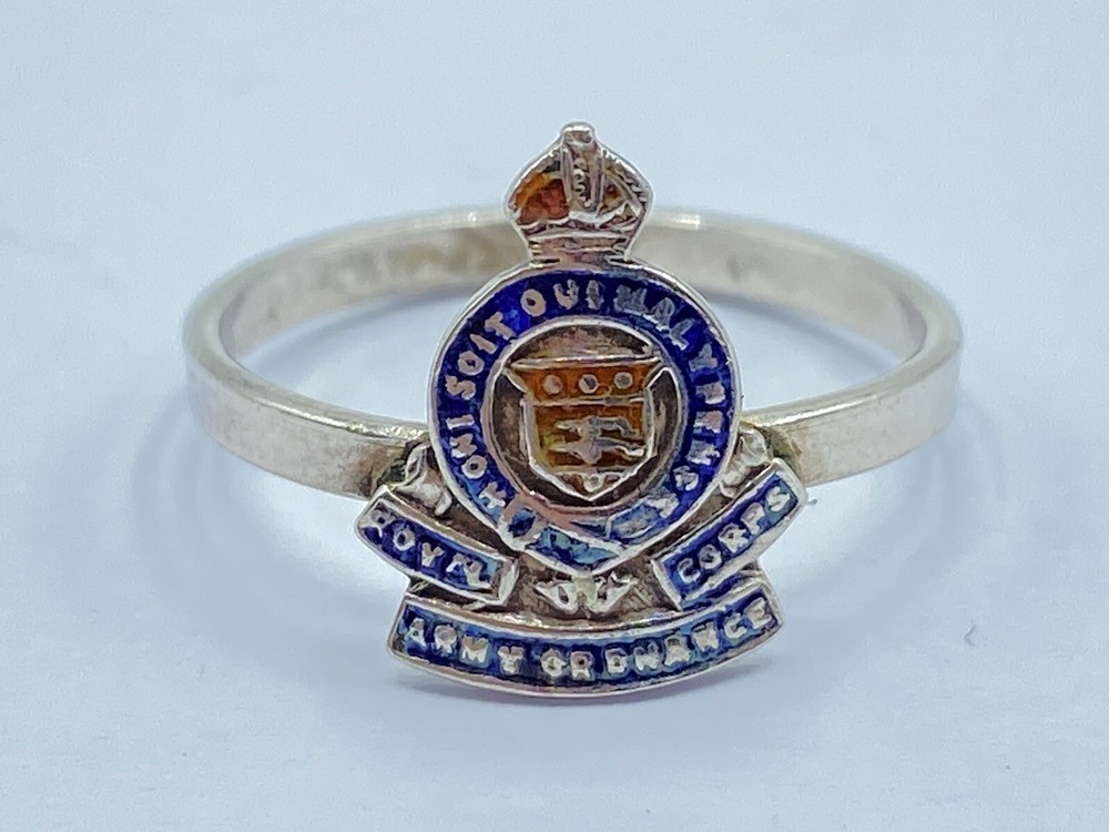 WW2 British Silver & Enamel Royal Army Ordnance Corps Sweetheart Ring Size M
