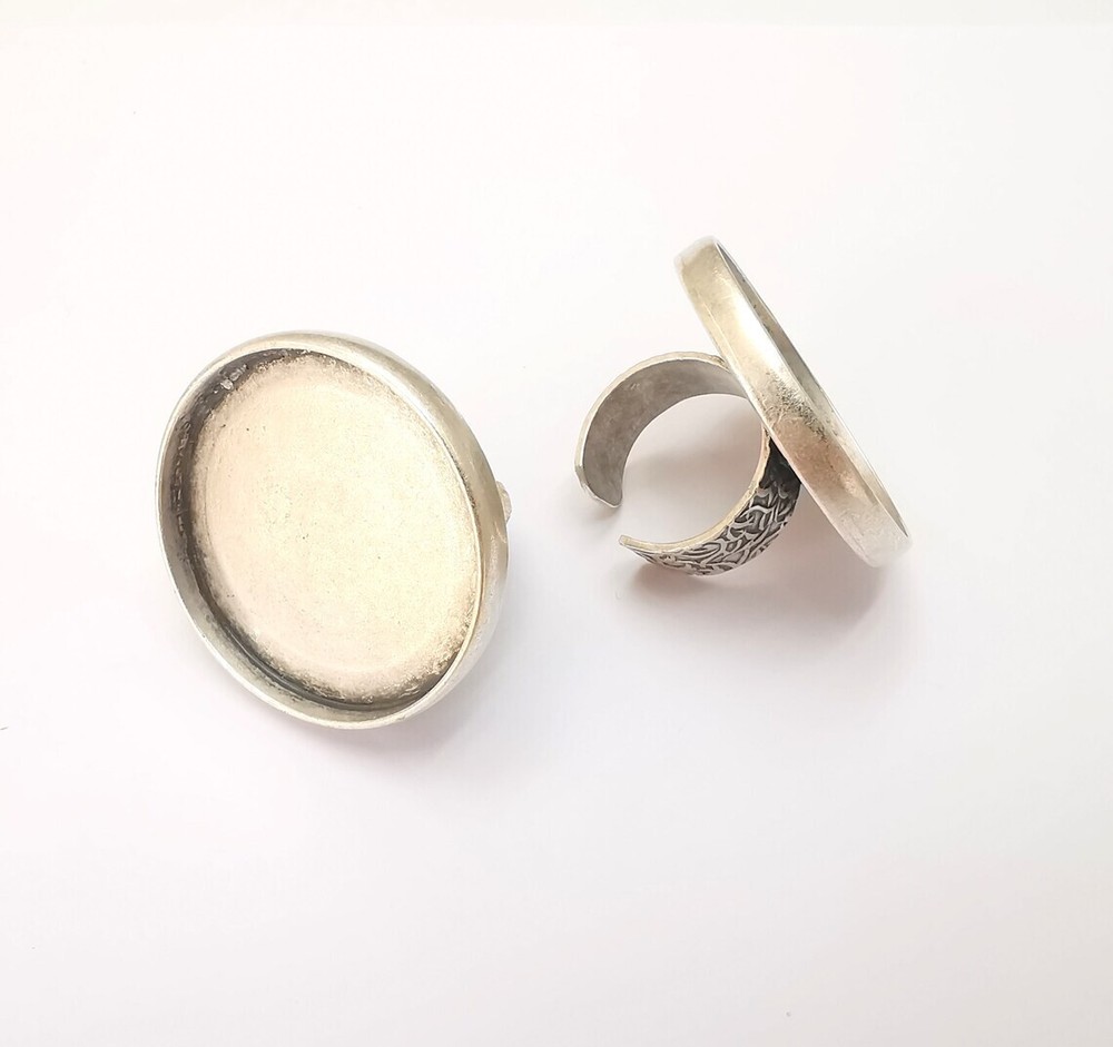 Round Antique Silver Ring Blank Setting, Cabochon Mounting Adjustable Resin Ring