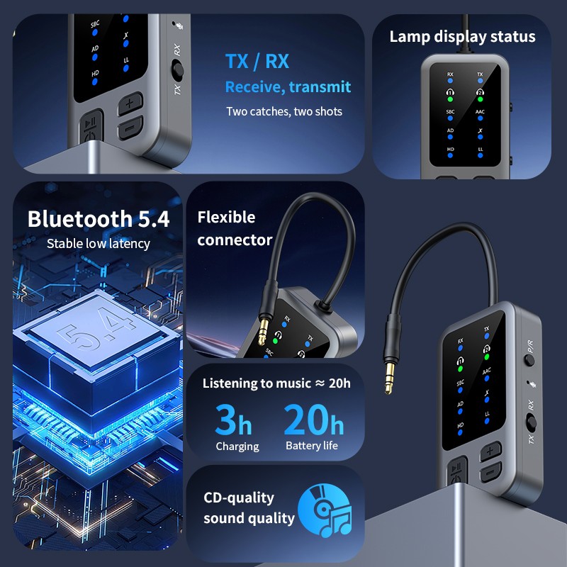 APTX Audio Adapter Bluetooth 5.4 Receiver Transmitter 3.5mm Aux Dual Connection