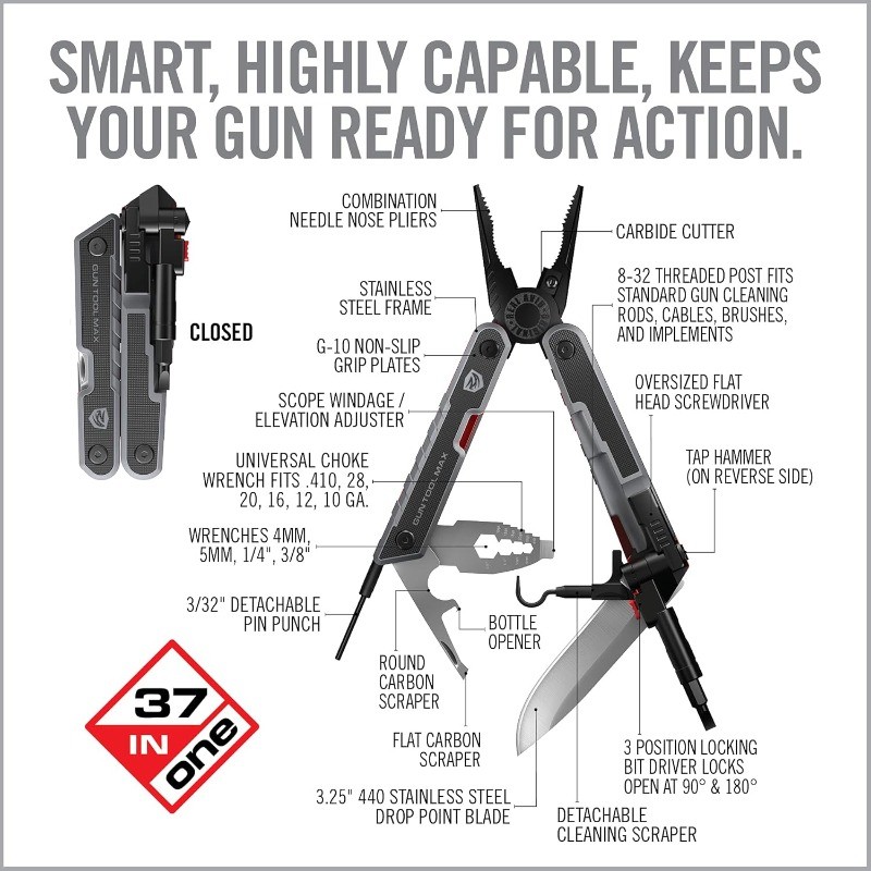 Gun Tool Max, 37-in-1 Multitool for Gunsmithing, Includes Pliers, Wire Cutters