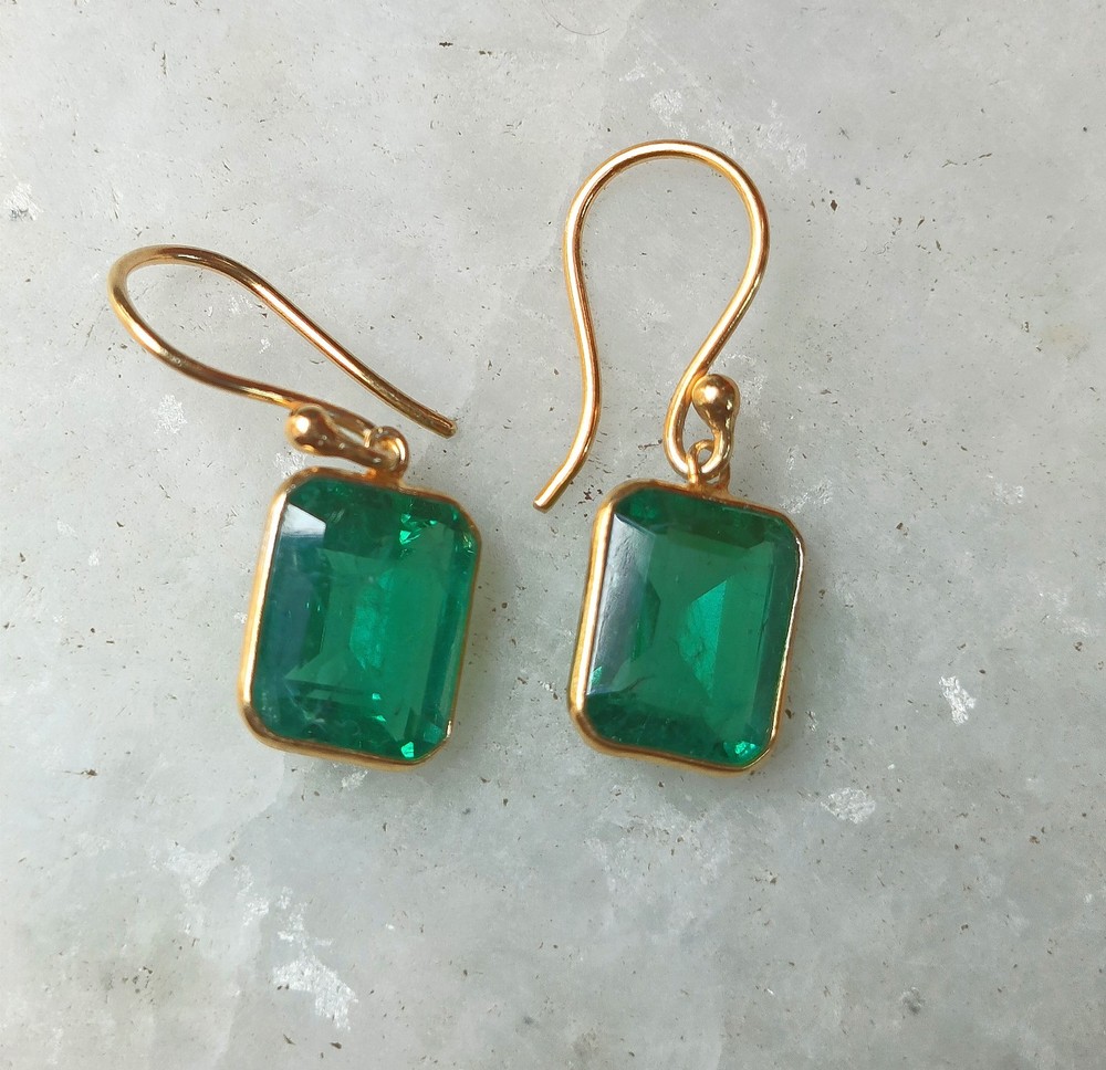 14k Solid Yellow Gold Colombian Emerald Gemstone Handmade Beautiful Earring