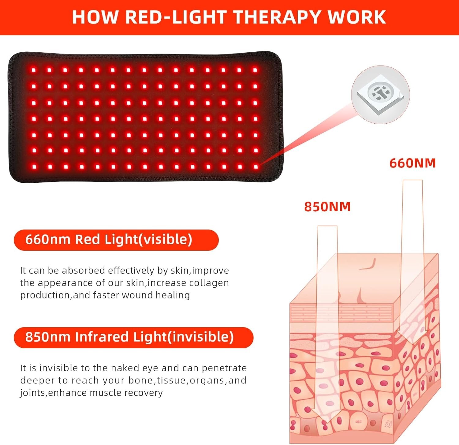 660nm Red 850nm Near Infrared Light Therapy Waist Wrap Pad Belt Fit Pain Relief