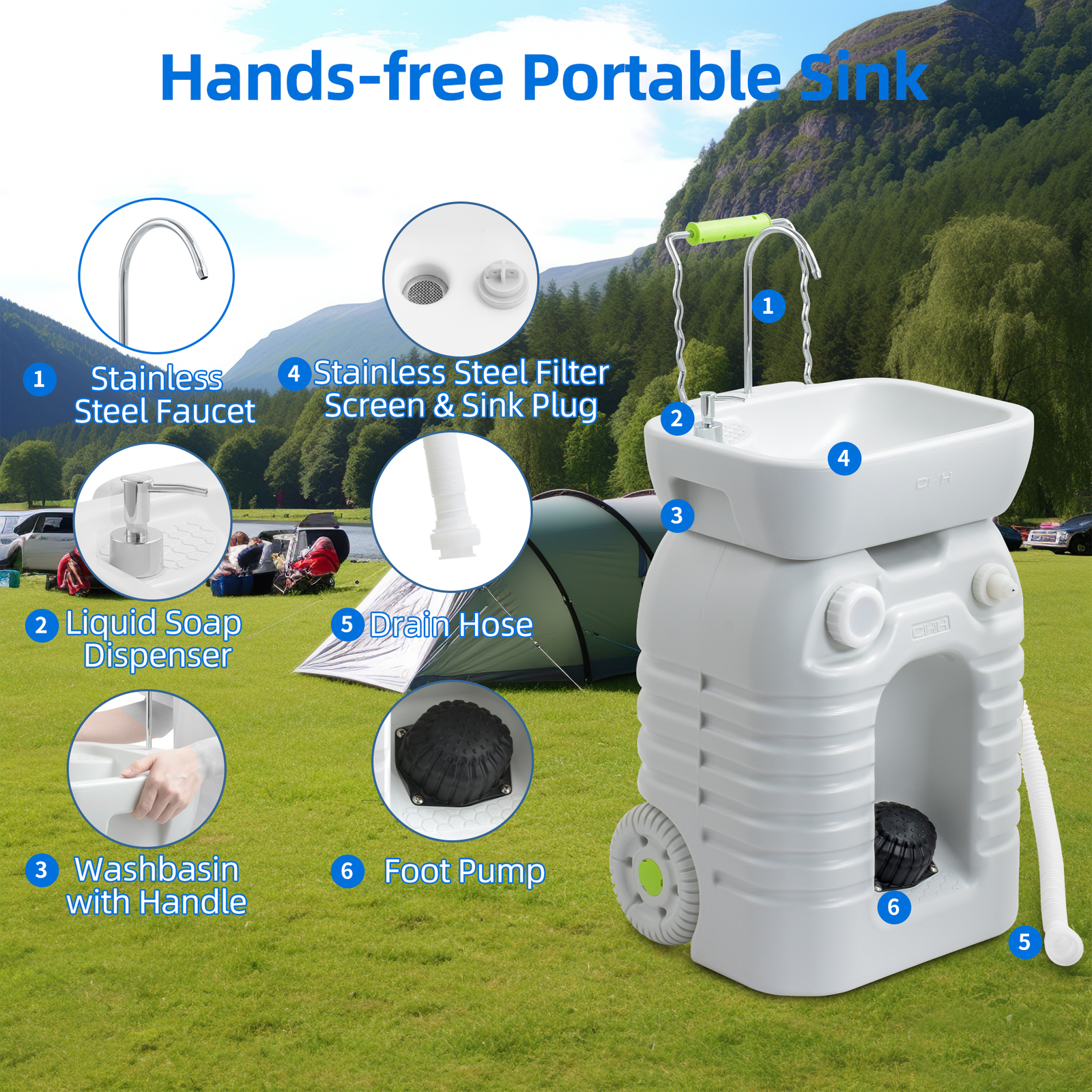 Outdoor Portable Camping Sink w/Soap Dispenser 45L Rolling Hand Wash Basin Stand