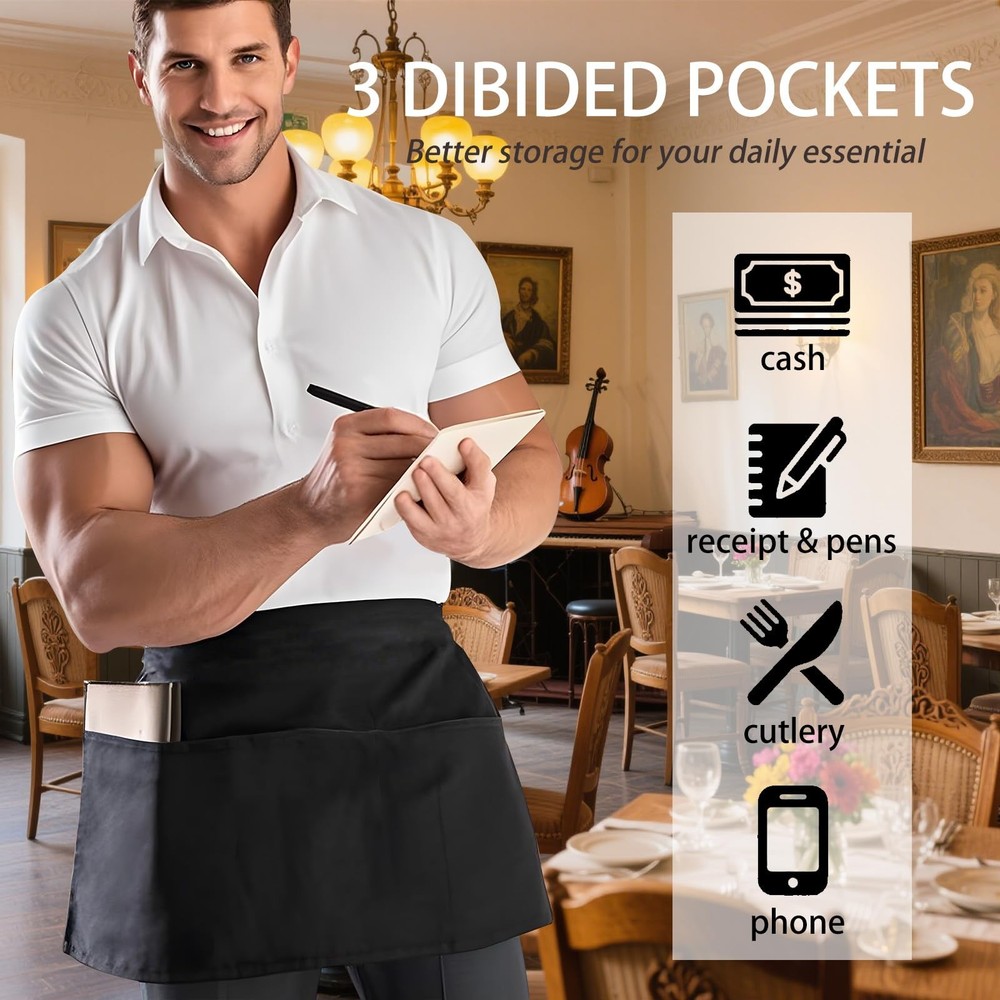 2 Pack Server Apron, Black with 3 Pockets | Waitress Uniform for Work