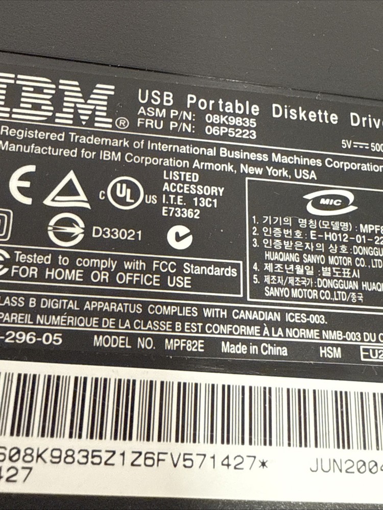 IBM Portable USB External Floppy Diskette Drive MPF82E UNTESTED - READ