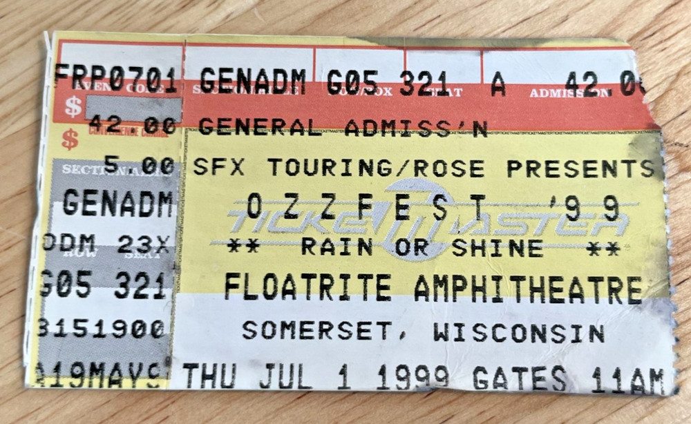 OZZFEST Concert Ticket Stub July 1, 1999 Floatrite Ozzy Osbourne, Somerset, WI
