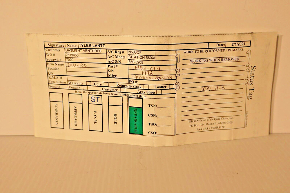 Universal Avionics DTU-100 Data Transfer Unit 1406-01-1 Removed Working