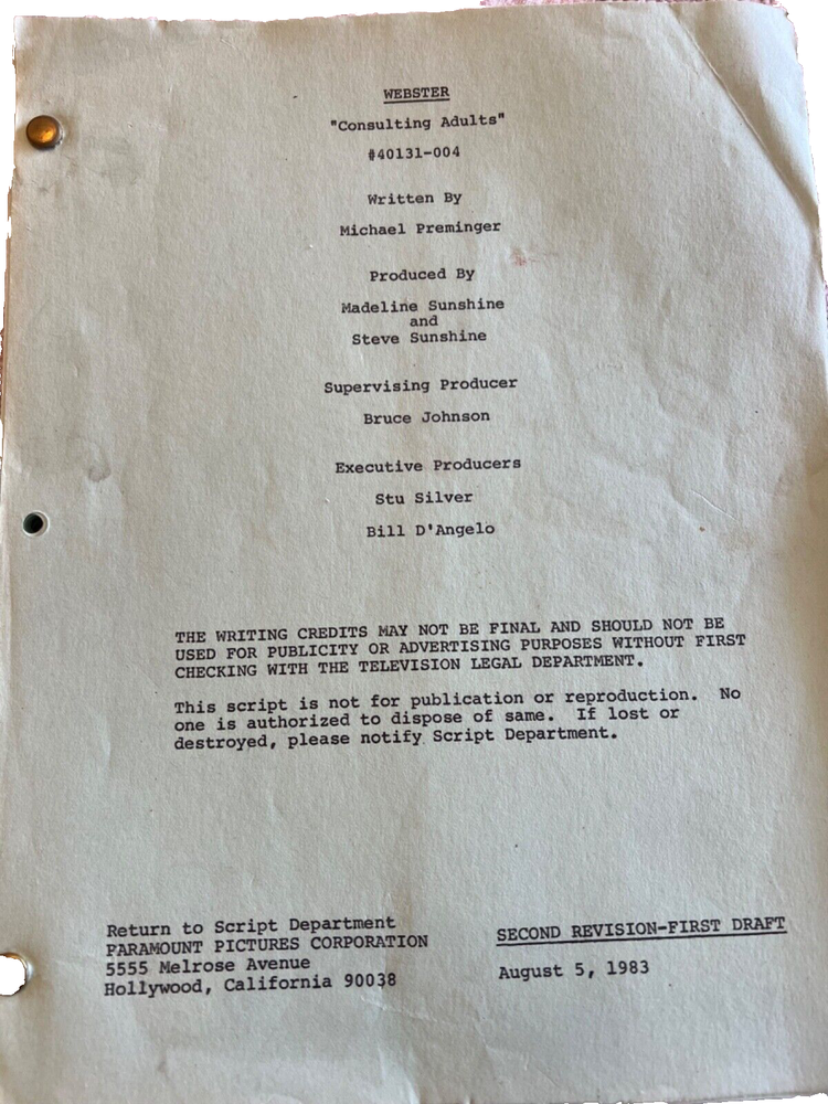 Webster TV Script Original "Consulting Adults" 1983 Emmanuel Lewis