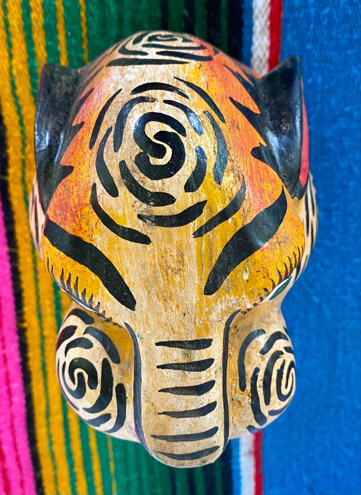 Mexican Folk Art Carved Wood Jaguar Leopard Cat Head Lion Face Mask Guerrero 5"