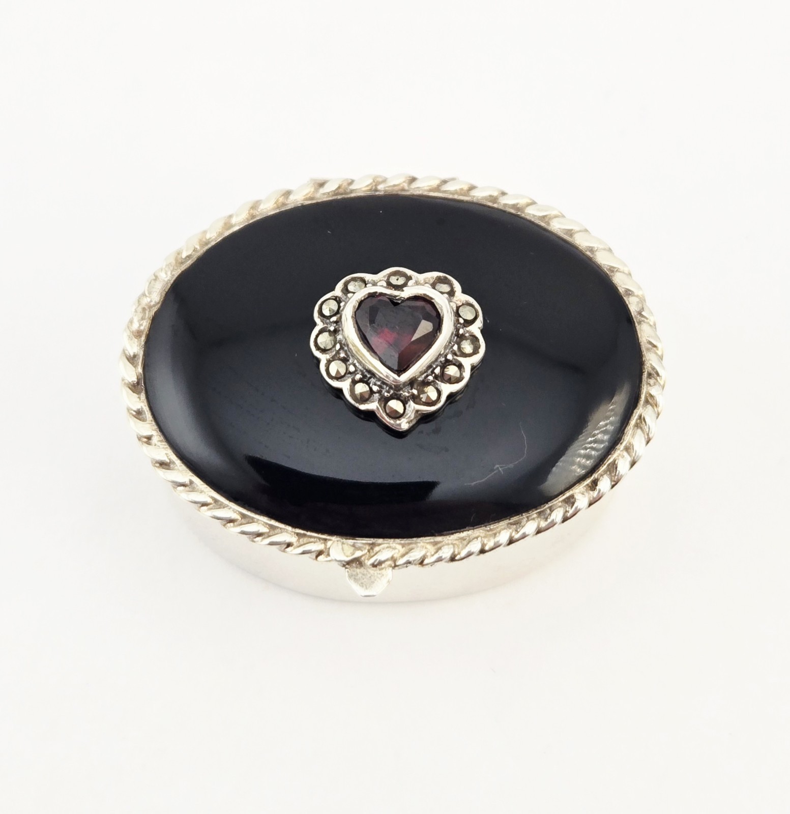 VTG Sterling Silver Black Onyx Heart Garnet Pill Box Locket Container - 19.3g