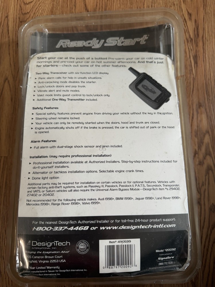 Design Tech Ready Start 490599 Two Way Remote Car Starter Security Keyless Entry