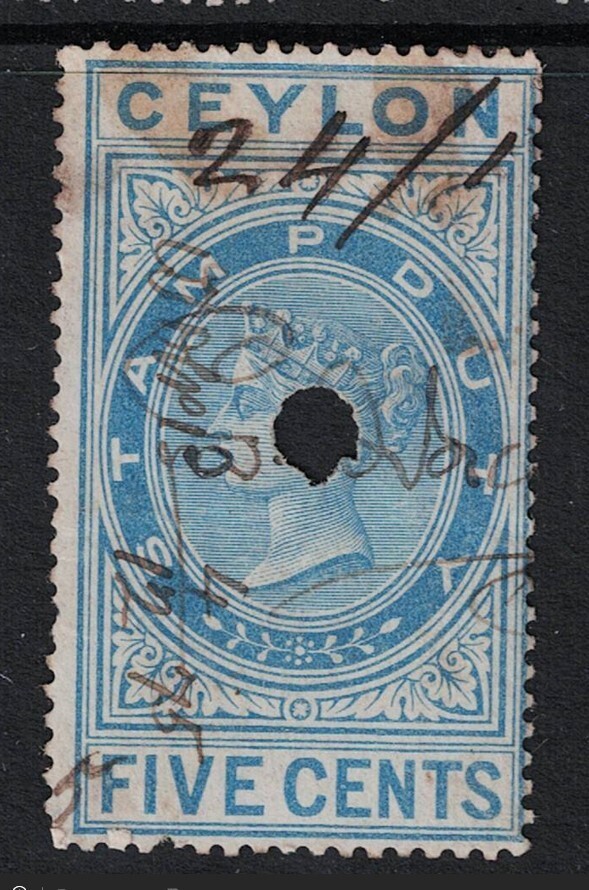Ceylon 1901 5c Revenue Stamp Used / Punch Cancel - S24883