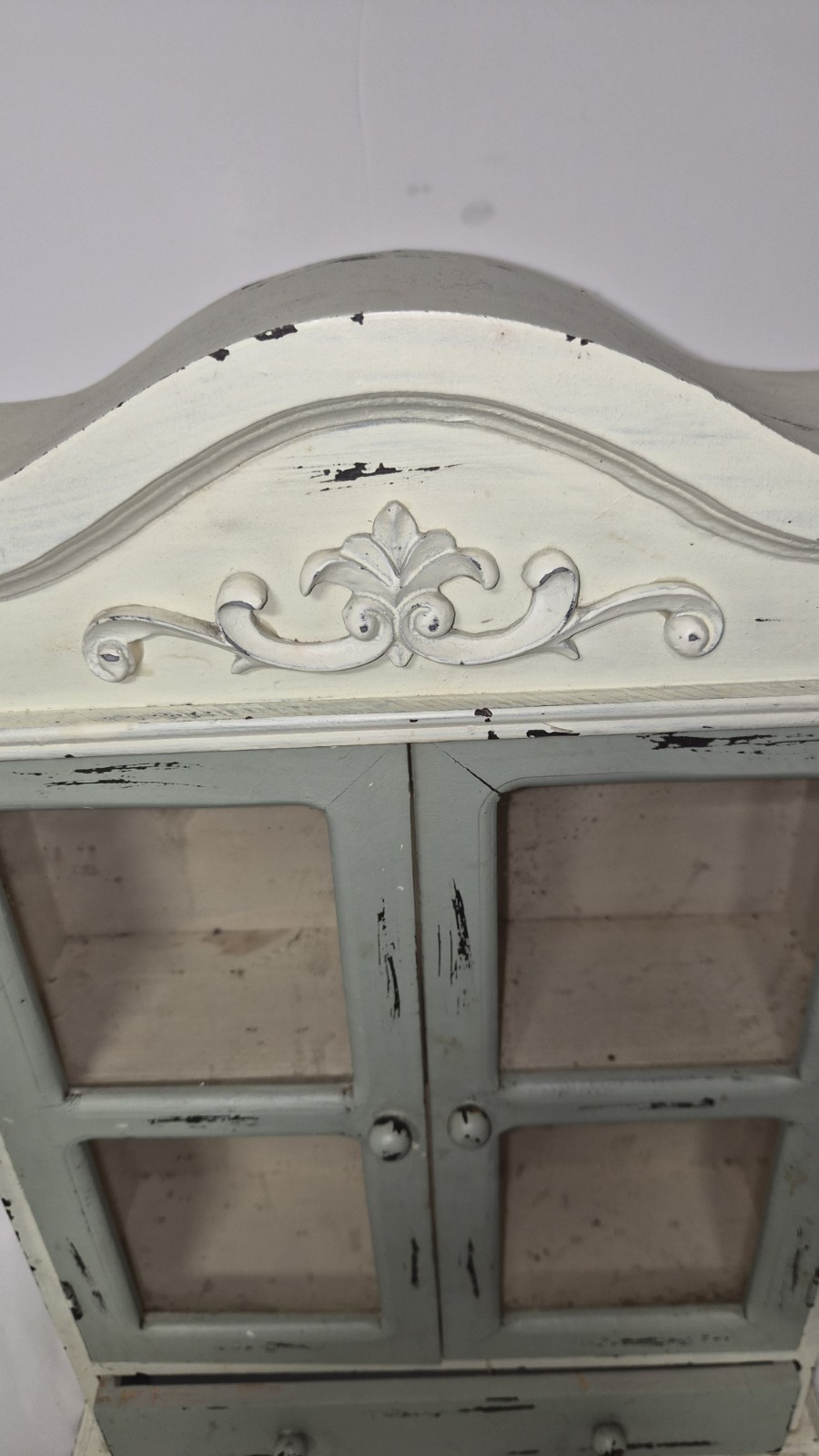Vintage Shabby Chic Wall Cabinet Distressed Seafoam & White With Scrollwork