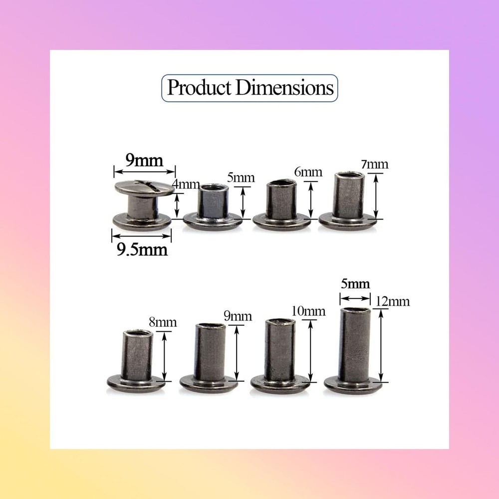 102 Sets Black Leather Rivets M5 Chicago Binding Screws Assorted Sizes Kit