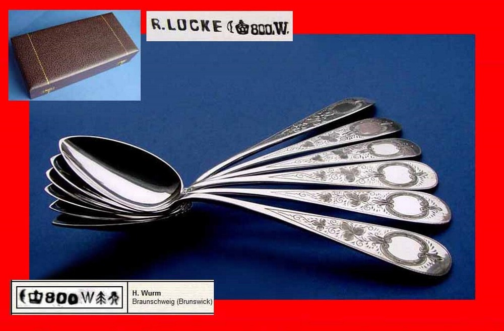 Set, Large Solid 6 Spoons, H. Wurm, 800 Silver, around 1900 B547