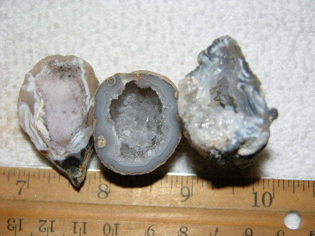 3 Agate geode halves cut & polished with druzy centers W4