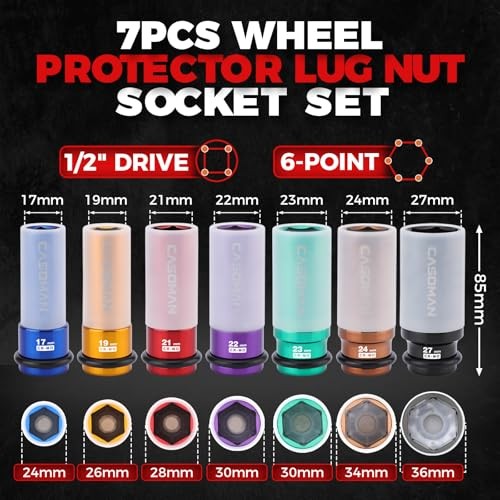 7PCS 1/2" Drive Deep Lug Nut Impact Socket Set, Non-marring & Thin Wall Wheel