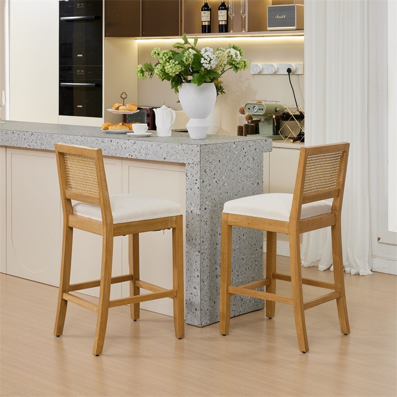 Set of 2 Solid Wood Rattan Bar Stools Comfort Linen Cushion High-Resilience Foam