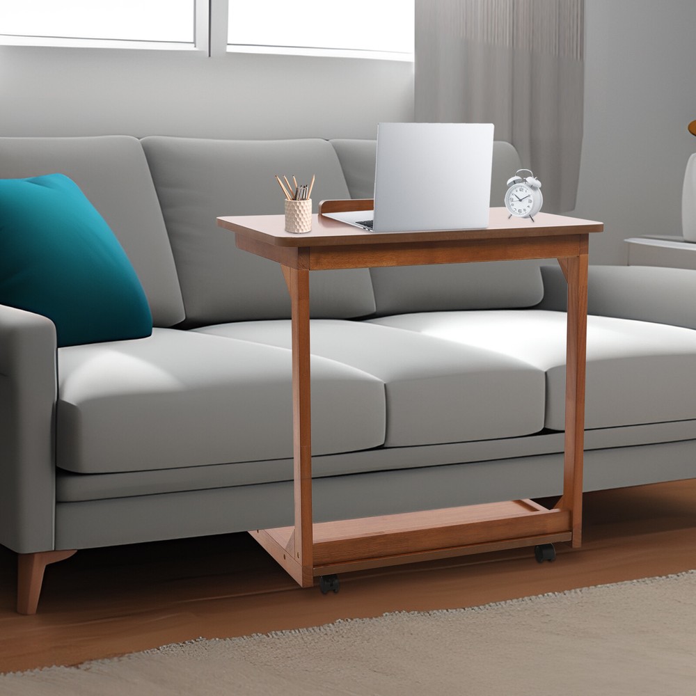 C-Shaped End Table with 4 Wheels, Adjustable Height, Modern Design