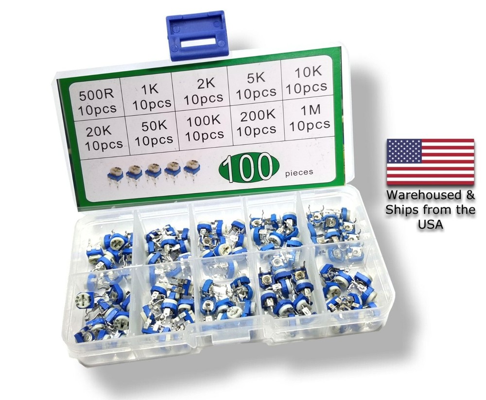 100pcs 10 Value Potentiometer Trimpot Variable Resistor Assortment Box Kit RM065