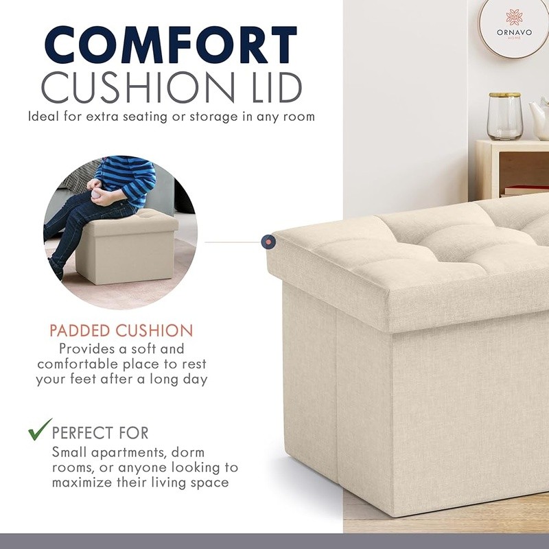 Foldable Storage Ottoman Multi-Use Footrest Comfortable Linen Rectangular Design