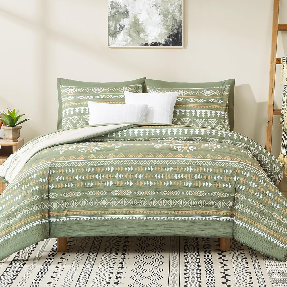 Queen Comforter Set - 7 Pieces Reversible Bedding Set, Boho Bed in a Bag, Lightw