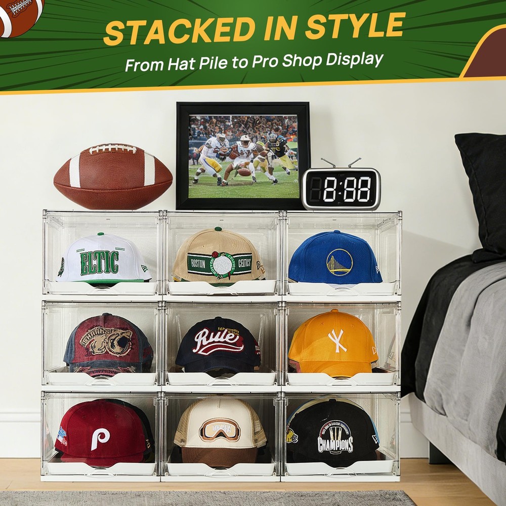 Vtopmart 2-Pack Hat Organizer Box for Baseball Caps, Clear Stackable Storage