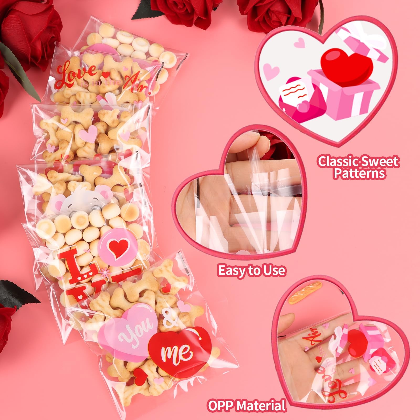 300pcs Valentine Cellophane Treat Bags Self-Adhesive Clear Plastic 6 Designs Set