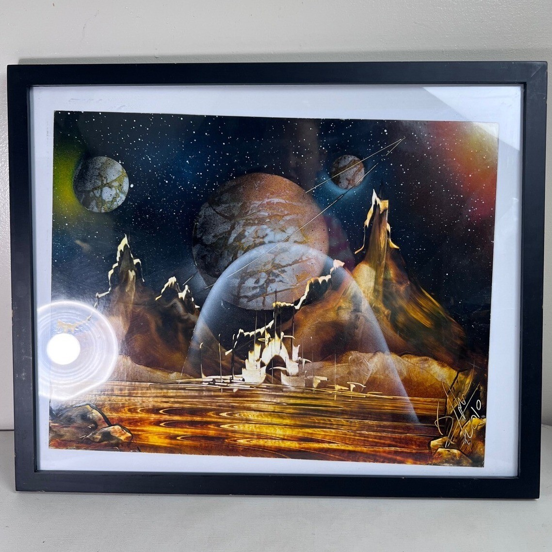 Vintage Fantasy Landscape Planets Sci-Fi Spray Paint Signed Framed Art Painting
