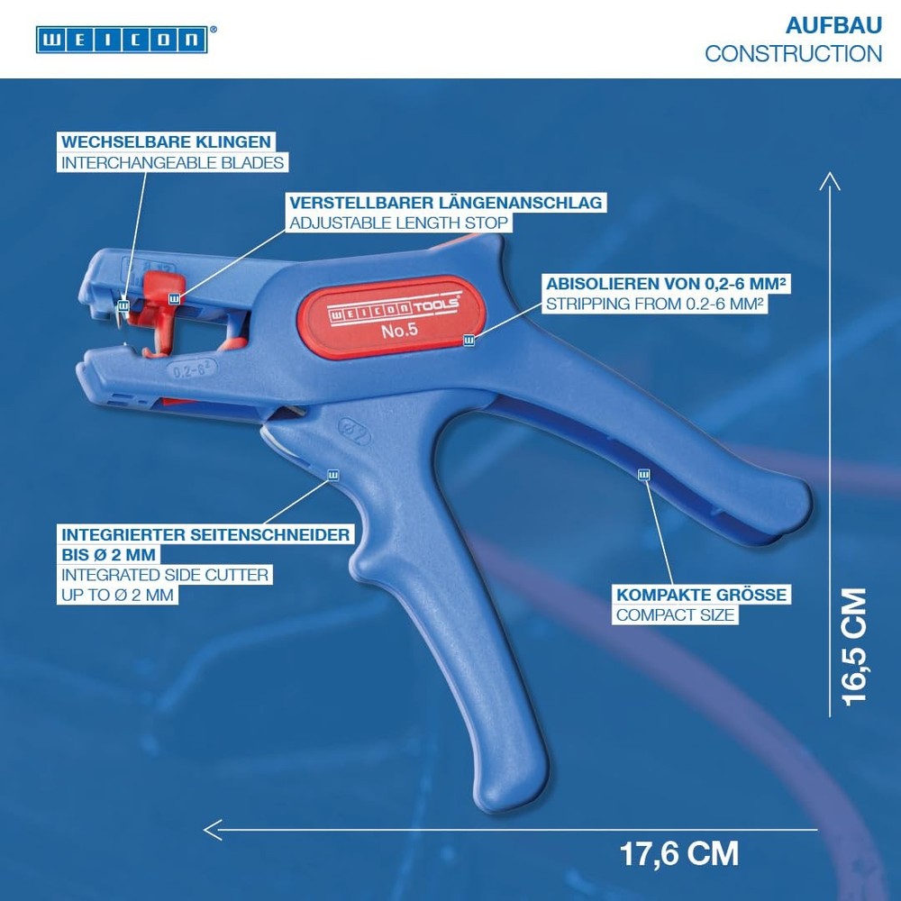 WEICON TOOLS Wire Stripper No. 5, automatic wire stripper 0.2-6 mm², Blue/Red