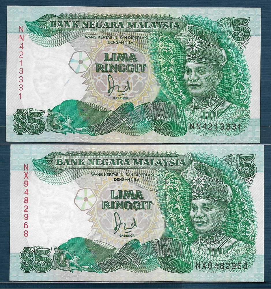 Malaysia 5 Ringgit 2 Pcs Lot, 1989 1991, P 28b 28c, UNC
