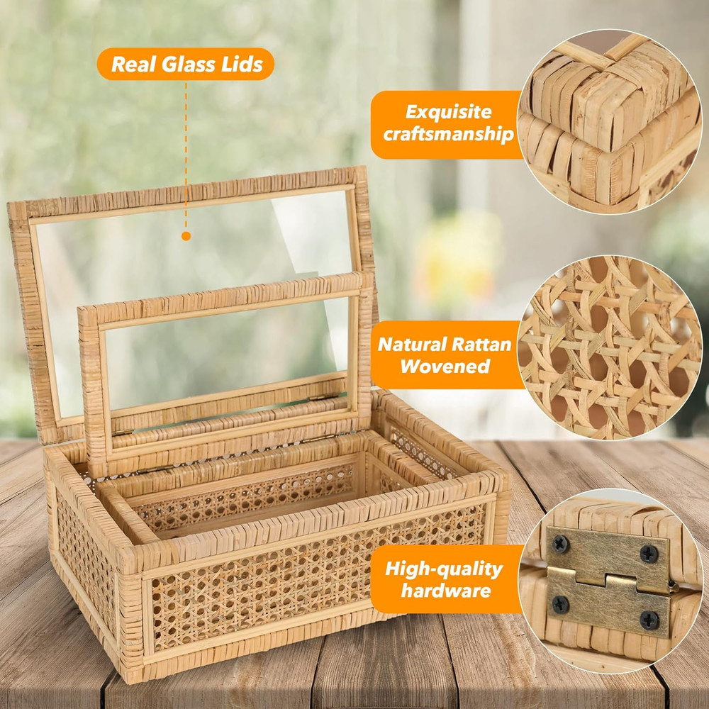 Large Handwoven Boho Rattan Display Boxes with Glass Lids - Set of 2 Rectangular