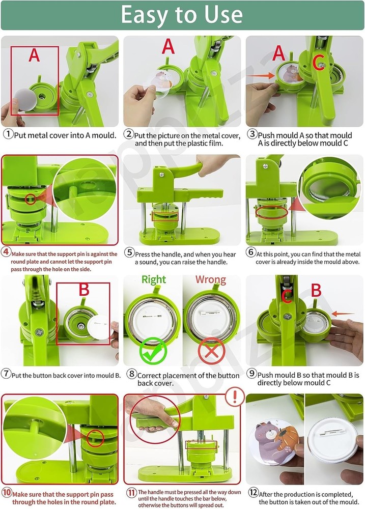 Professional Button Maker Machine Green, 3 Interchangeable Badge Sizes