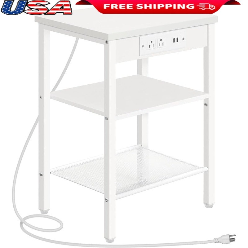 Multi-Functional Side Table W/ Outlets USB Adjustable Shelves Easy Assembly