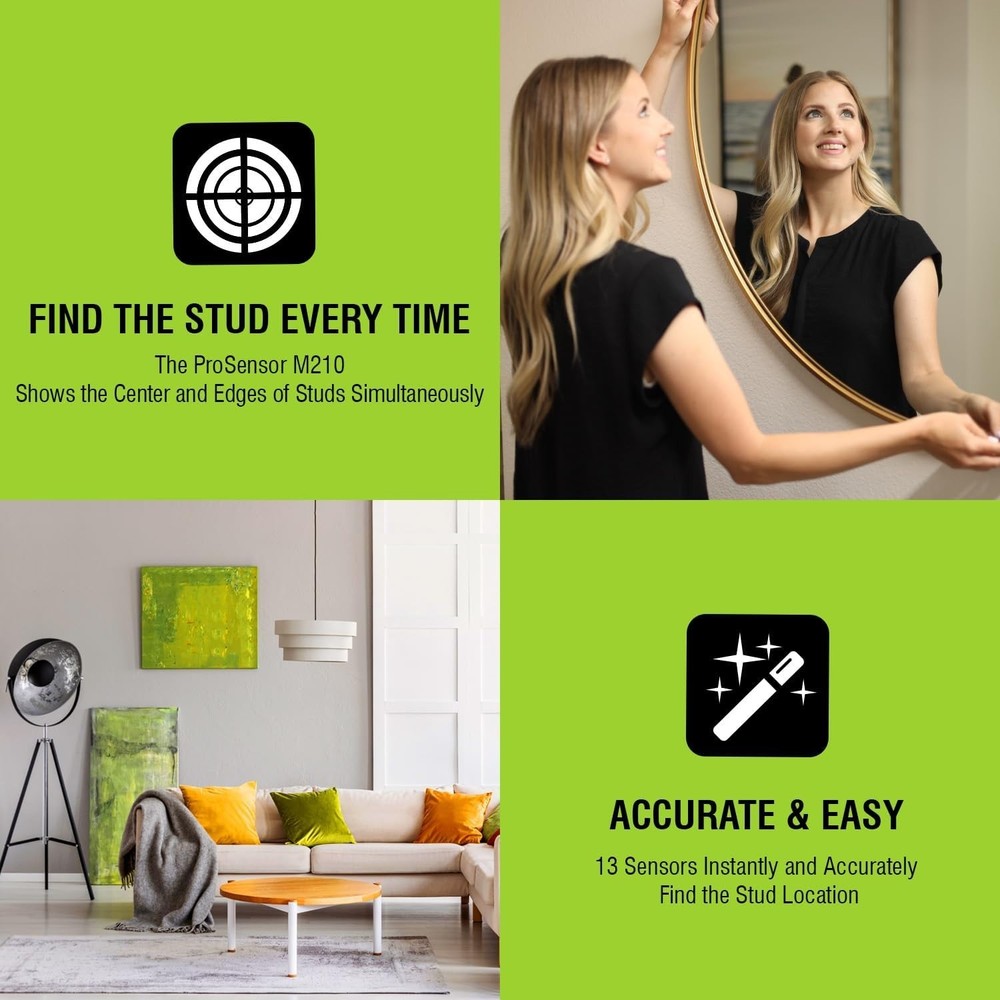 Durable ProSensor M210 Stud Finder Green Wall Scanner with Live Wire Detection