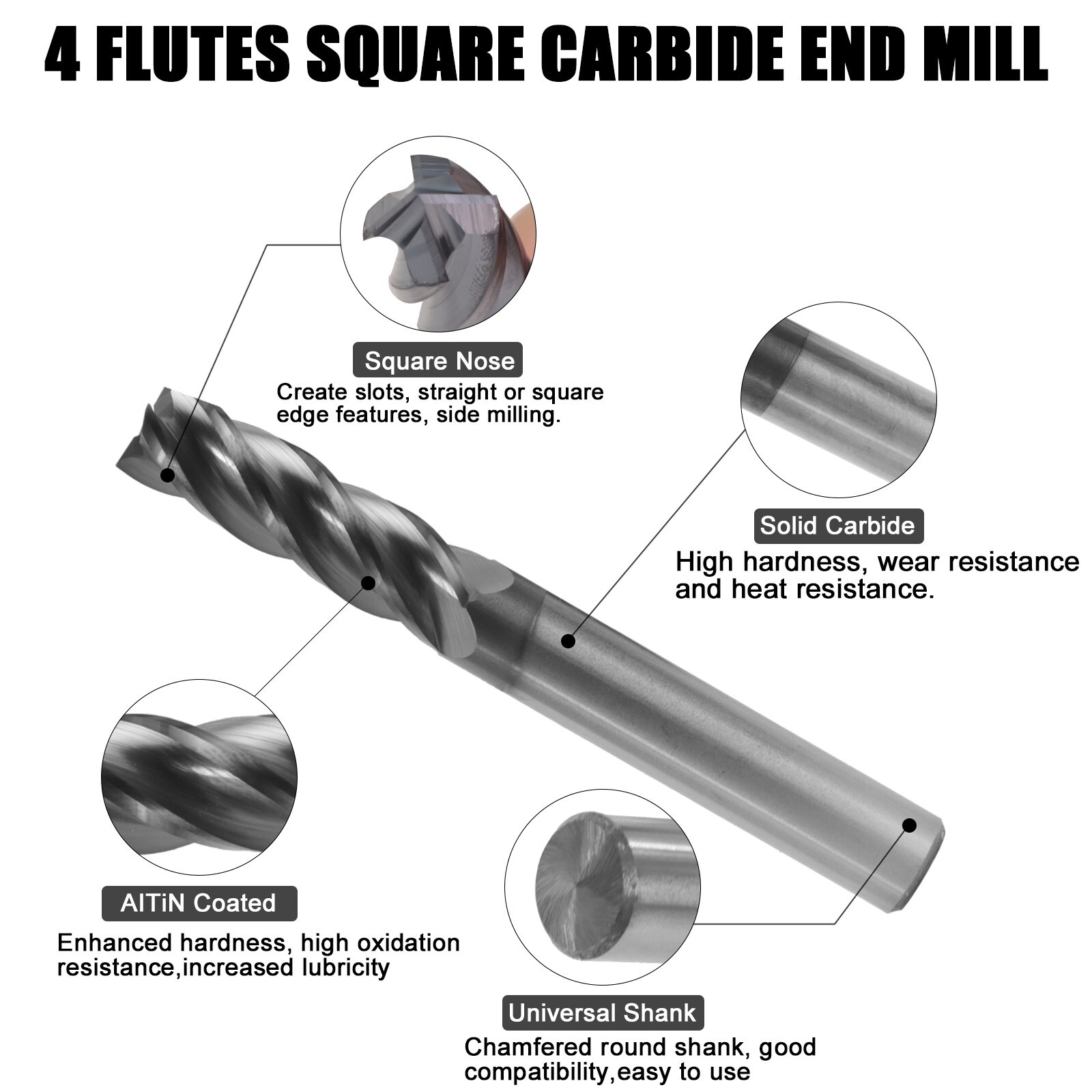 LOT OF 5PCS 4 Flute 3/8" x 1-1/4" x 3" Solid Carbide End Mill - AlTiN Coated NEW