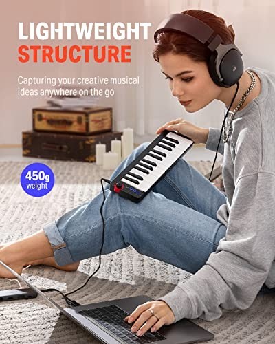 25-Key Mini MIDI Keyboard Controller for Beginners - Velocity-Sensitive Keys, Li