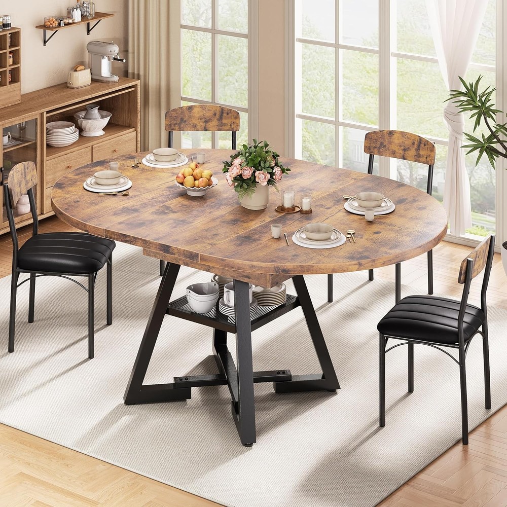 Round Dining Table Kitchen Dining Room Dinner Table 4-6 Space Saving Extendable