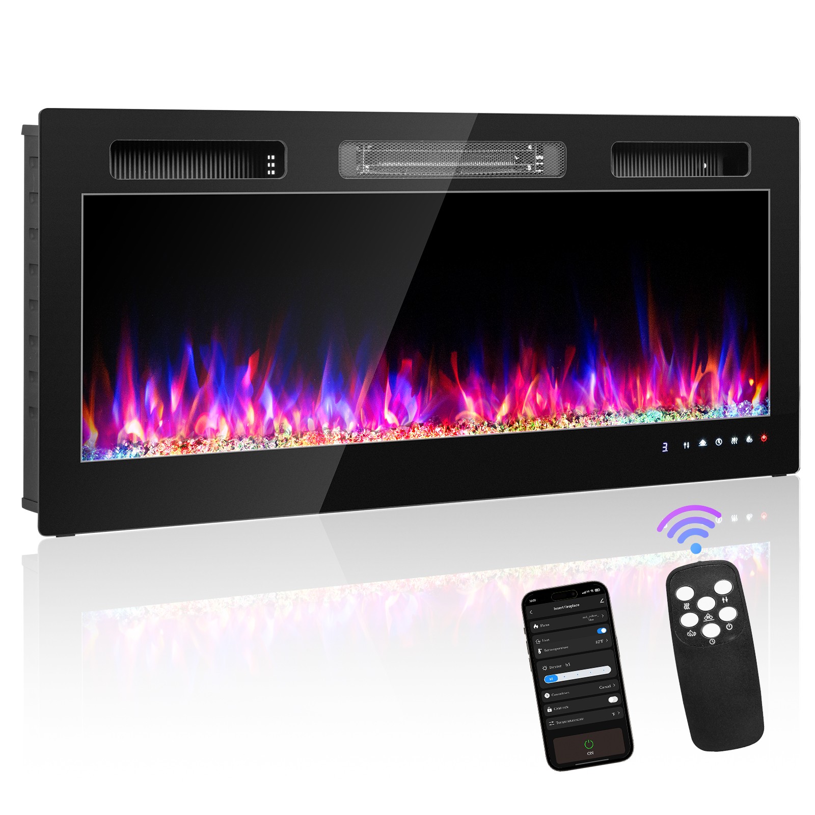 42" Electric Fireplace Insert Wall-Mount Heater 1500W Remote Control & WIFI