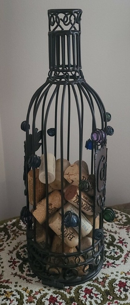 Brown ~ Metal ~ Wine Cork Storage Basket ~ Container ~ Beaded & Leaf Design