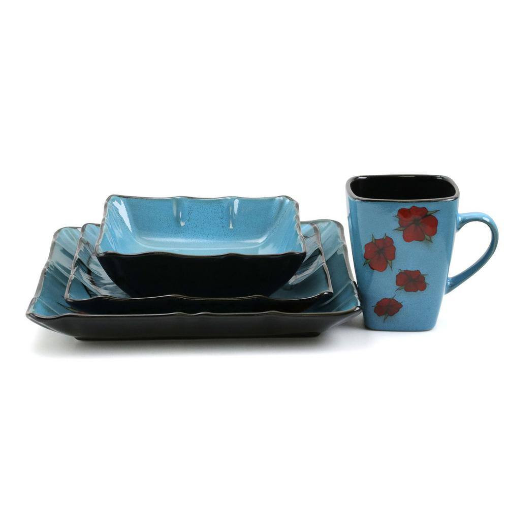 Aloha Tide 16-Piece Patterned Blue Stoneware Dinnerware Set (Service for 4)