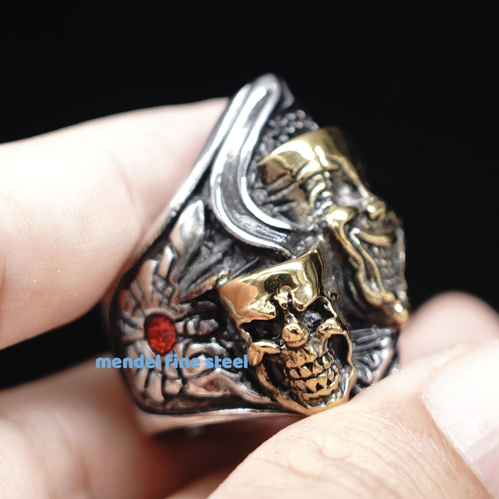 MENDEL Gothic Mens Gold Plated Biker Skull Clown Ring Stainless Steel Size 8-15