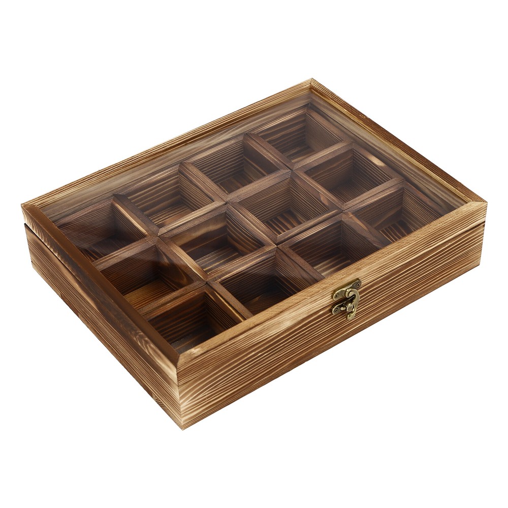 12-Compartment Wooden Spice Box with Spoon - Elegant Kitchen Storage Solution