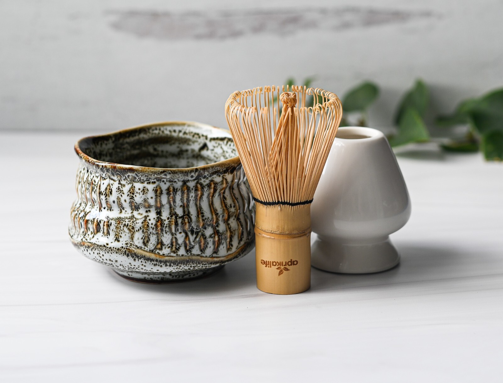 White Matcha Set: Matcha Bowl, Bamboo Matcha Whisk, Ceramic Whisk Holder
