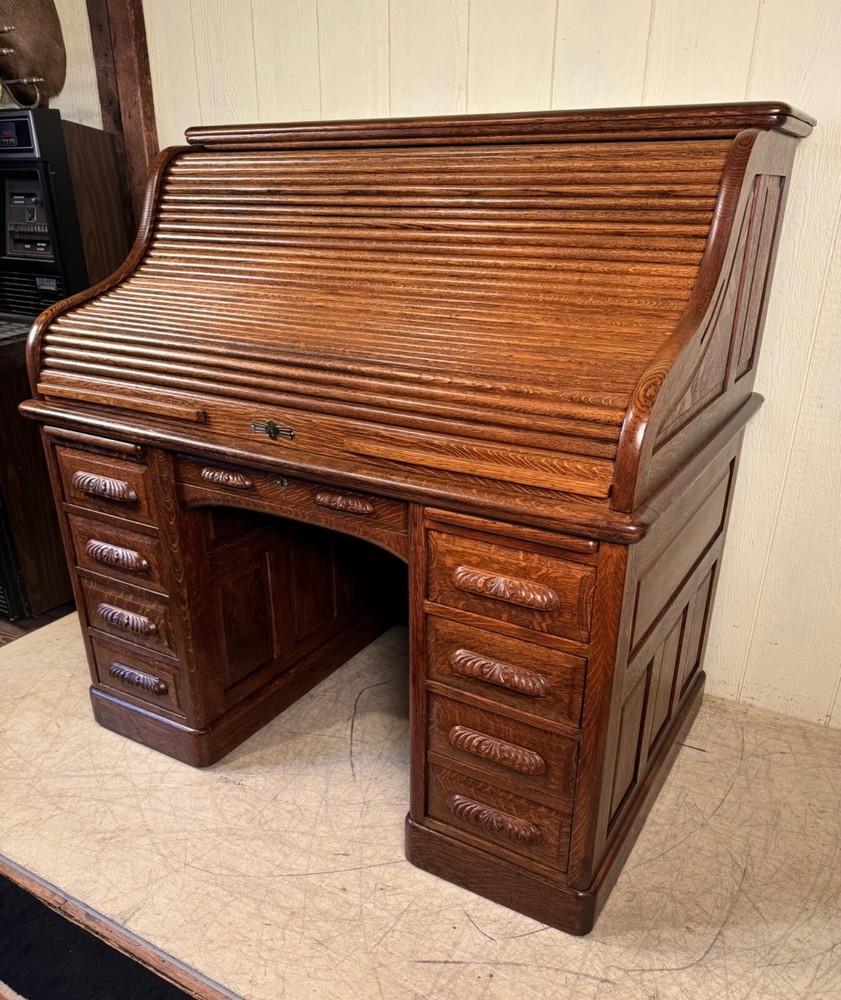 Antique Oak 50" Raised Panel S-Roll Top Desk with Carved Pulls