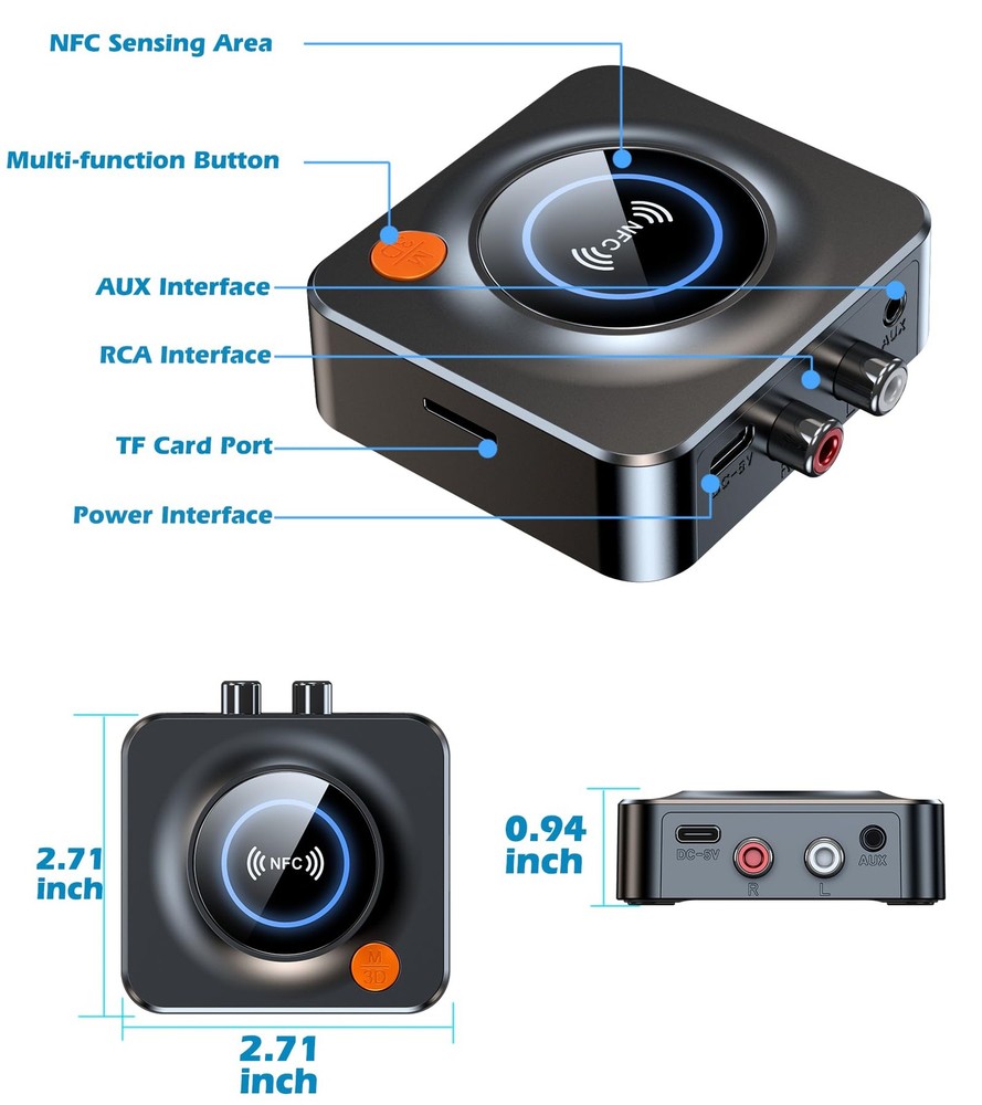 Bluetooth Receiver for Home Stereo, AUX RCA Adapter, NFC, 33ft Range