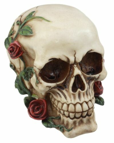 Day of The Dead Red Rose Vine Skull Figurine DOD Floral Sugar Skull Decor 6"L