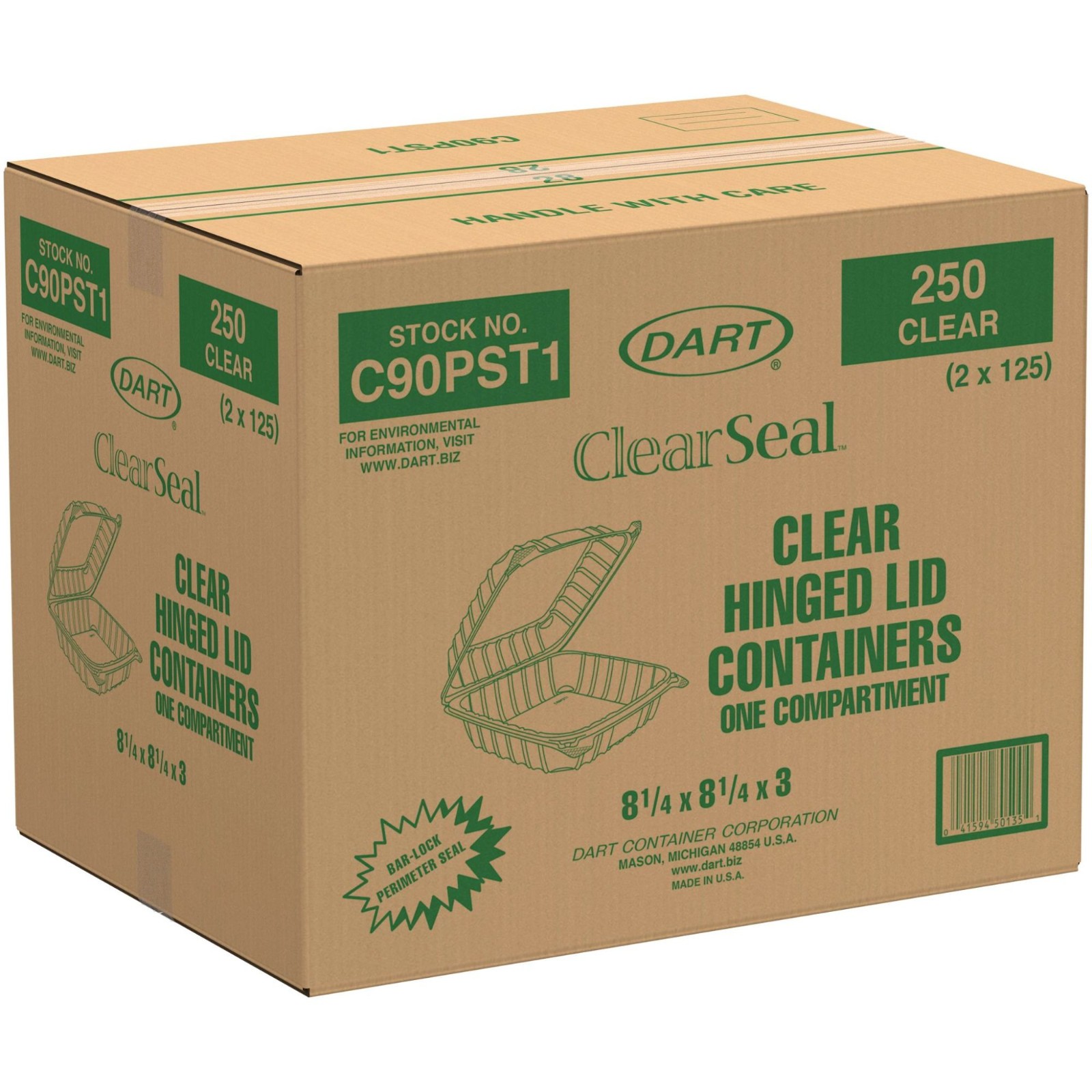 Dart C90PST1 8.25" Hinged Clear Clamshell Food Containers 250 Count OPS