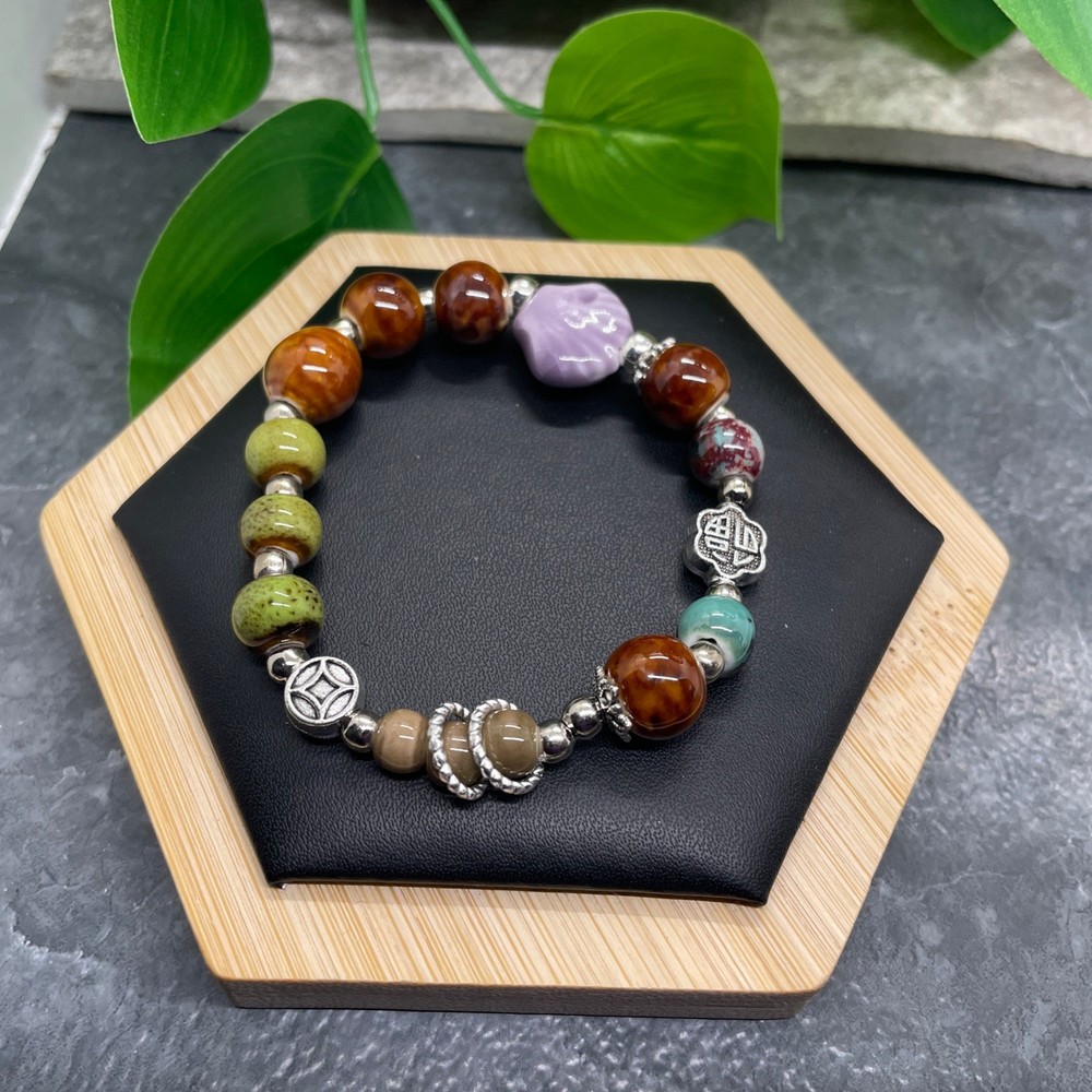 Handmade Ceramic Bead Beaded Stackable 6” Plus Stretch Bracelet New B426