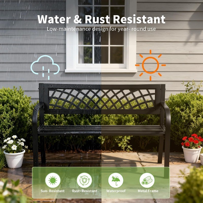 Garden Bench,Outdoor Benches,Iron Steel Frame Patio Bench